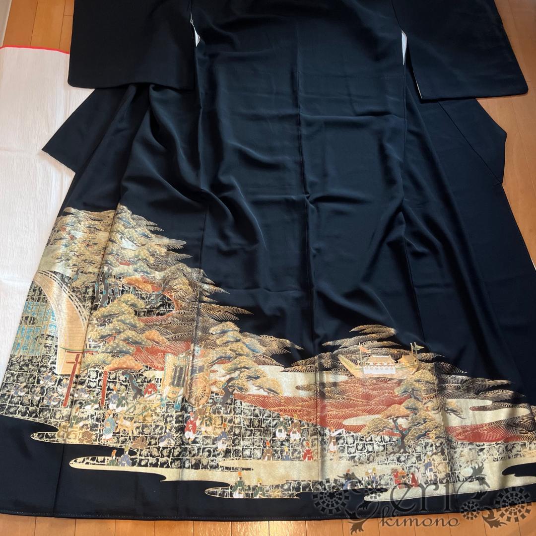【黒留袖/5つ紋/5点セット】御所車　人物画　渡り橋　浜松文柄