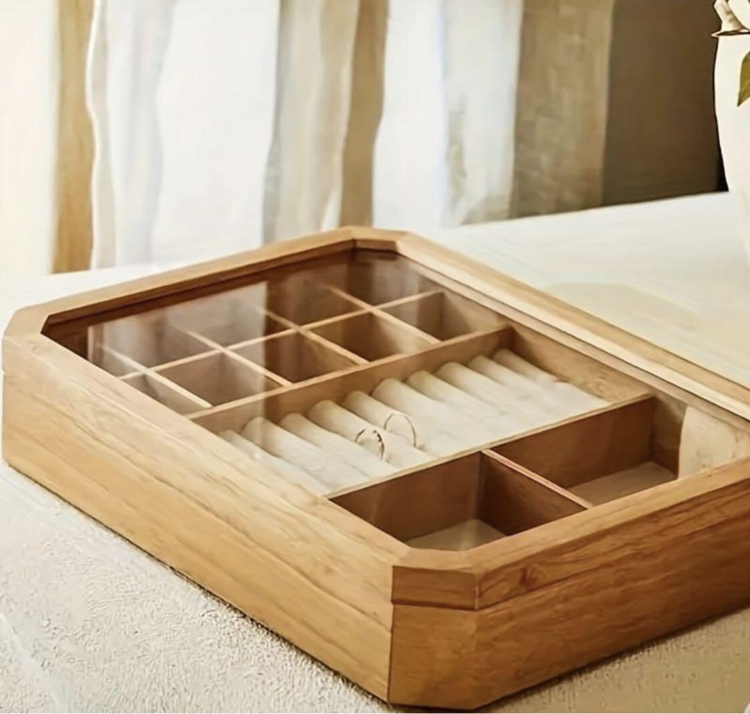 木製アクセサリー収納ケース ガラスフタ付き　ウッドジュエリーボックス