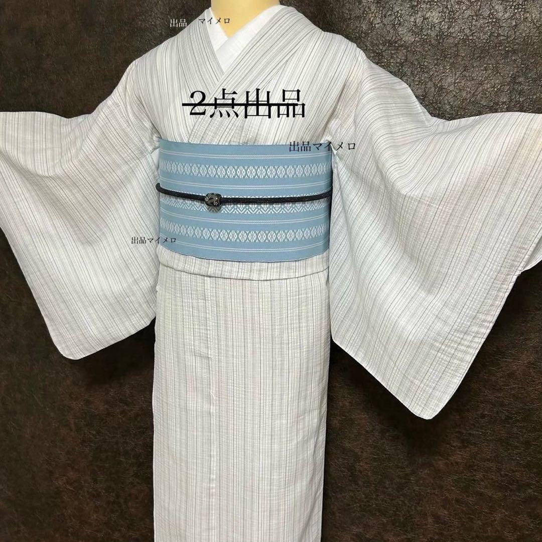 古典しじら織　浴衣　綿麻！粋な夏着物　縞柄　献上柄帯   4M   2点710⑦