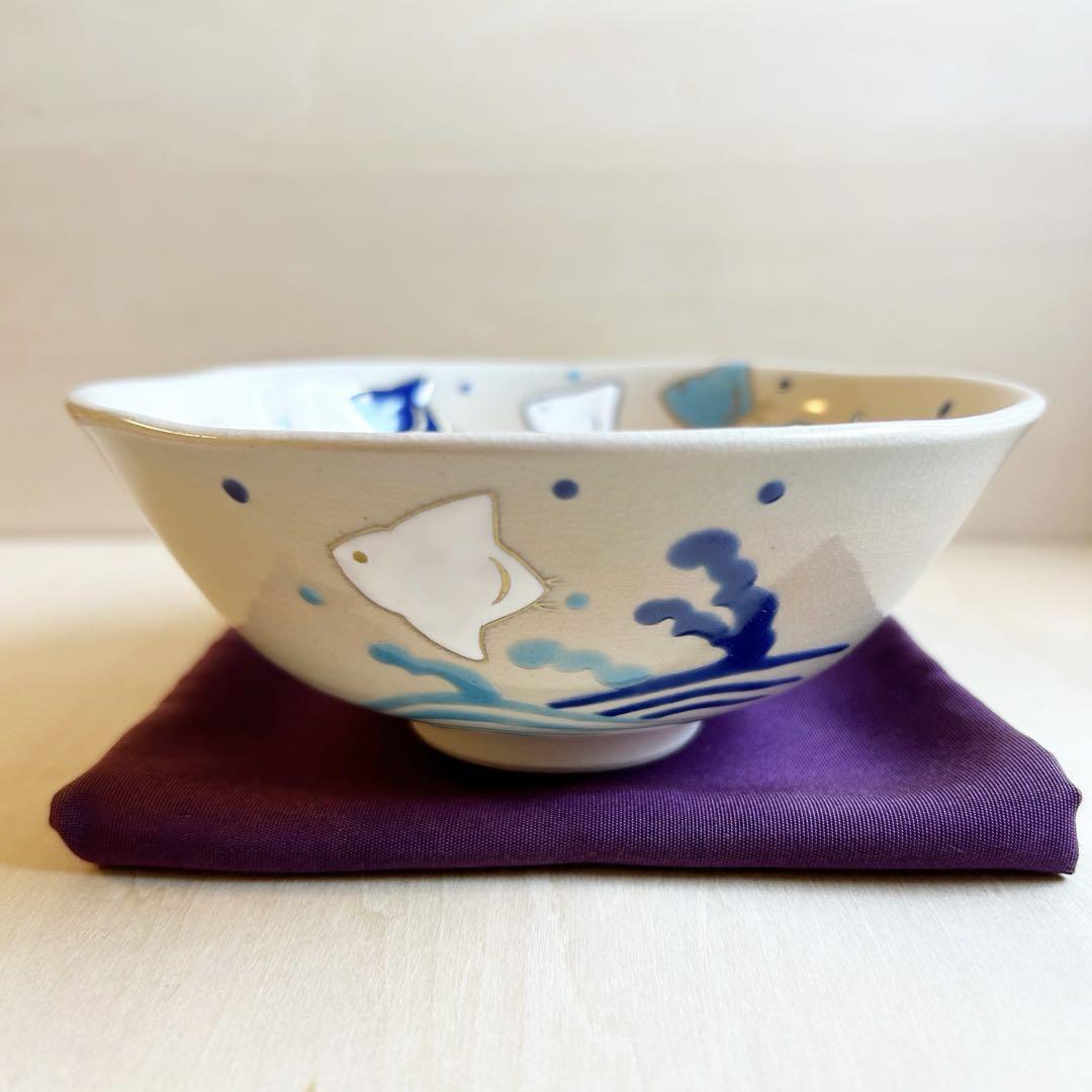 抹茶茶碗 '色絵　波に千鳥　平茶碗' 京焼　茶道具