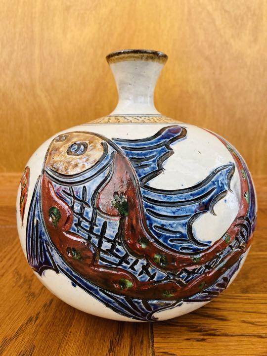 壺屋焼 名工 新垣勲 魚紋 やちむん 花瓶 フラワーベース 花器 壺