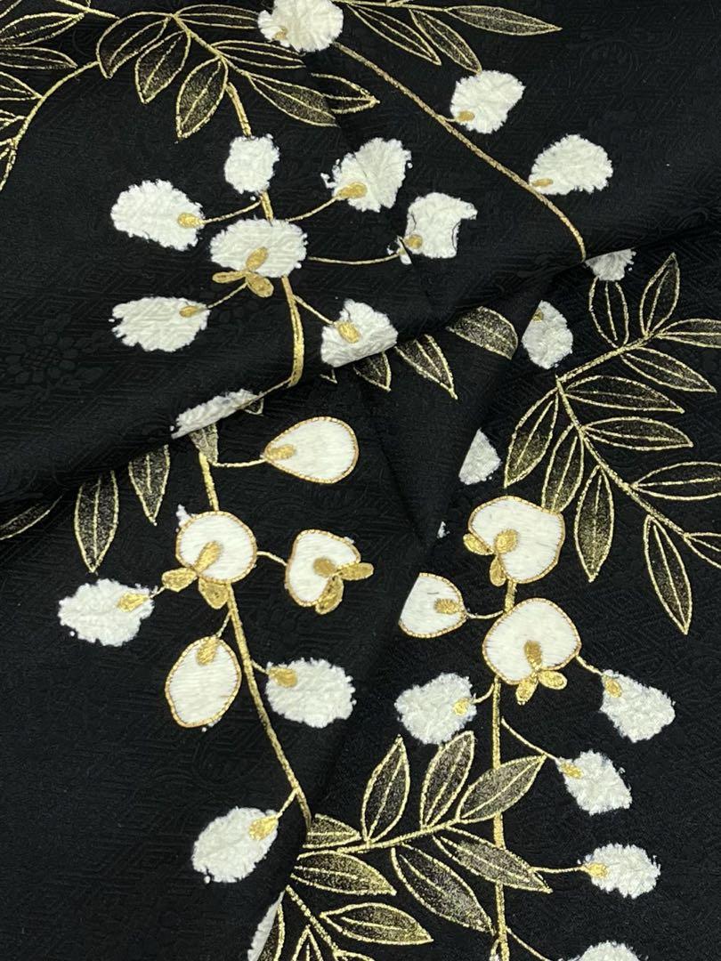 訪問着 絞り染 刺繍 金駒 金彩 紋意匠 藤 正絹 パールトーン加工済 黒地 画像2