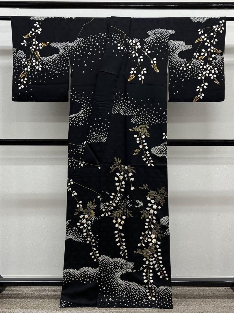 訪問着 絞り染 刺繍 金駒 金彩 紋意匠 藤 正絹 パールトーン加工済 黒地 画像3
