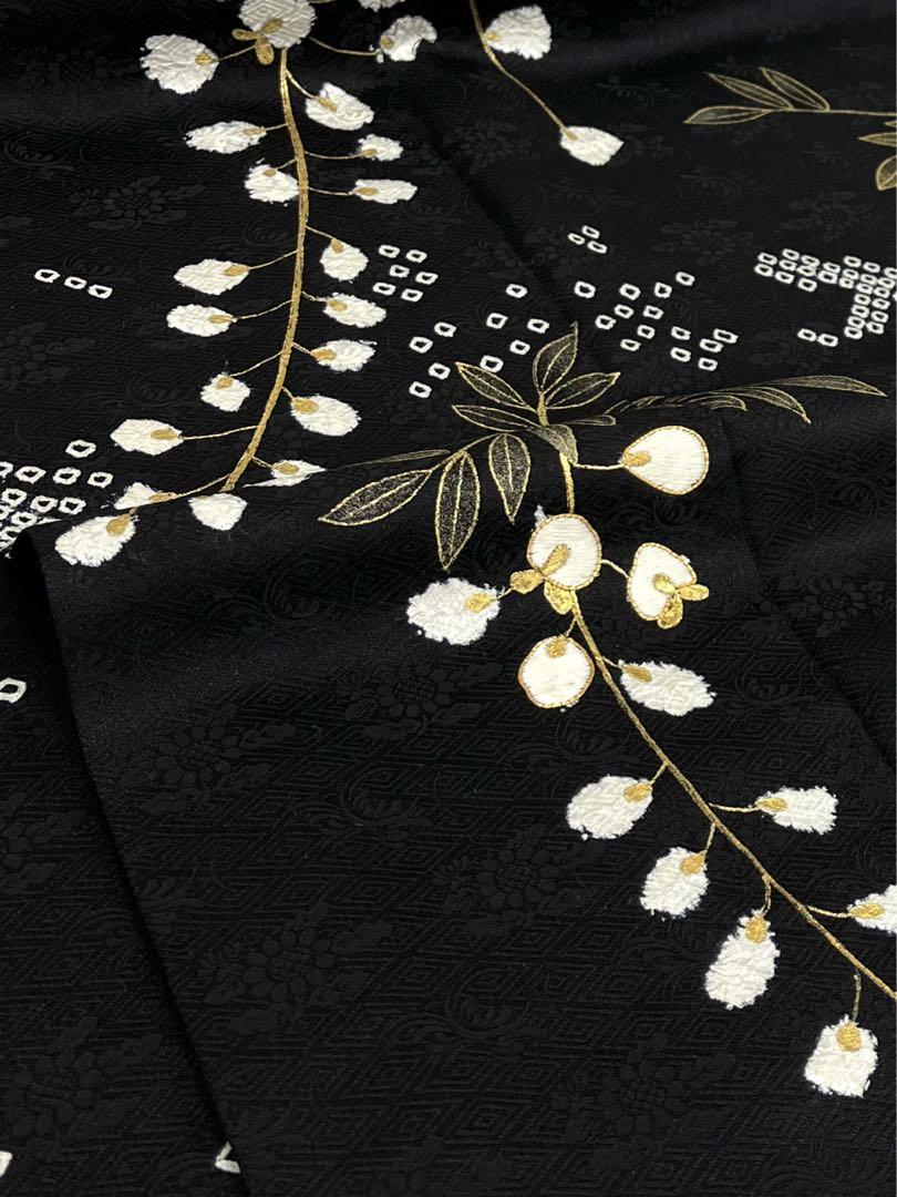 訪問着 絞り染 刺繍 金駒 金彩 紋意匠 藤 正絹 パールトーン加工済 黒地 画像4