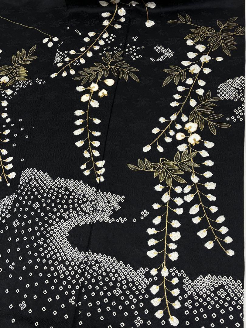 訪問着 絞り染 刺繍 金駒 金彩 紋意匠 藤 正絹 パールトーン加工済 黒地 画像5