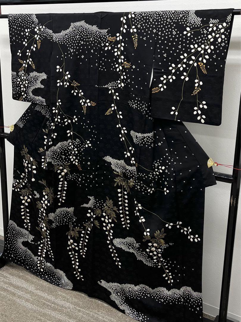 訪問着 絞り染 刺繍 金駒 金彩 紋意匠 藤 正絹 パールトーン加工済 黒地 画像7