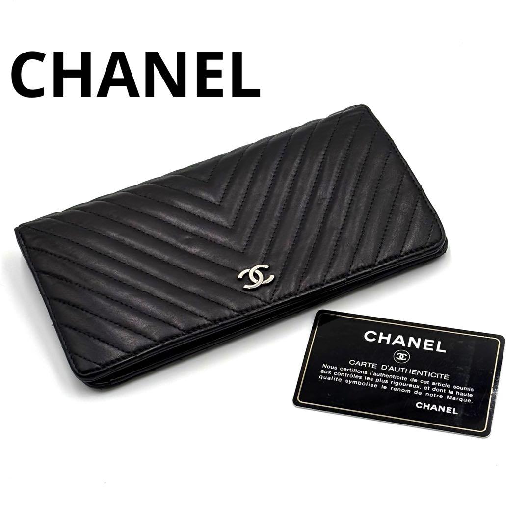 CHANEL ラムスキン　Vステッチ　フラップ　長財布 シャネルVステッチ ファスナー長財布 黒 ゴールド金具