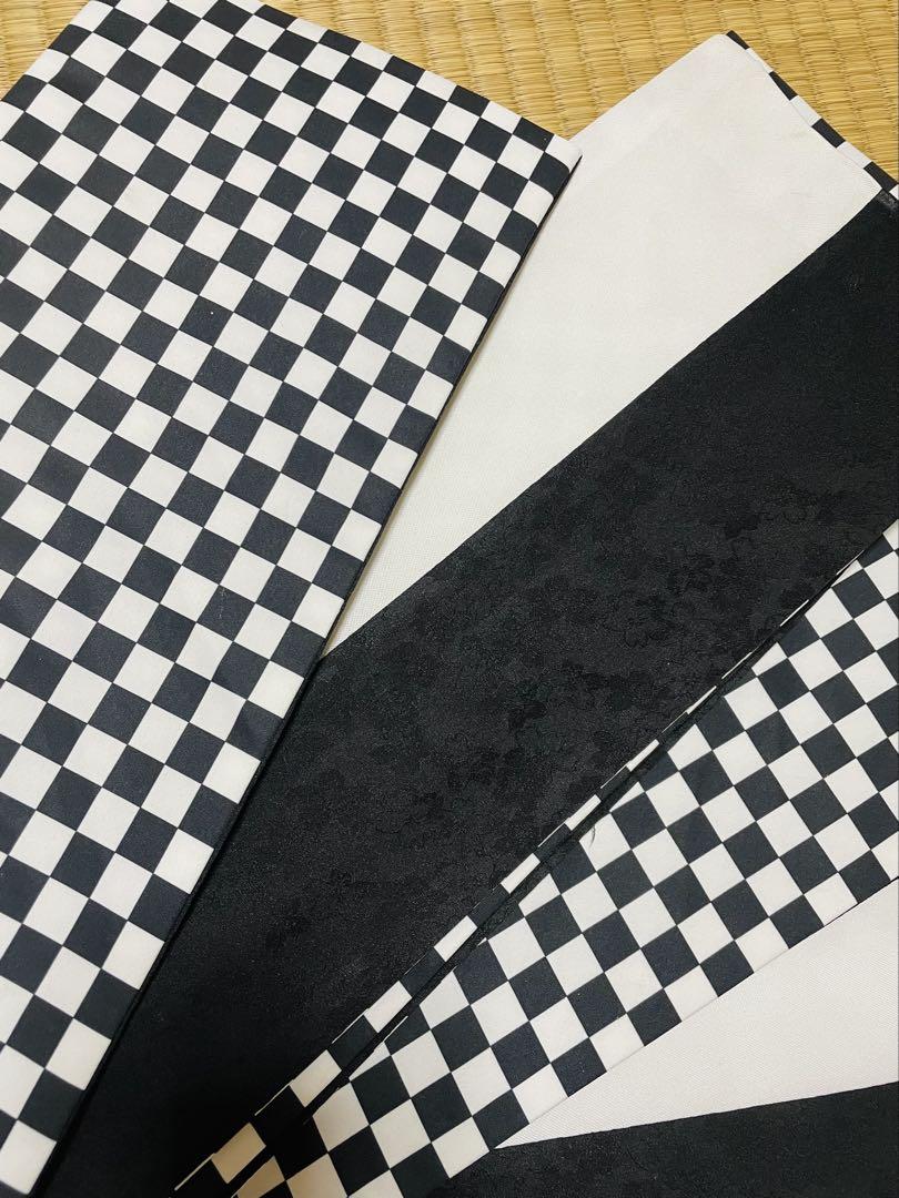 半幅帯 チェック 格子 黒白 両面全通 洗える 新品 未使用