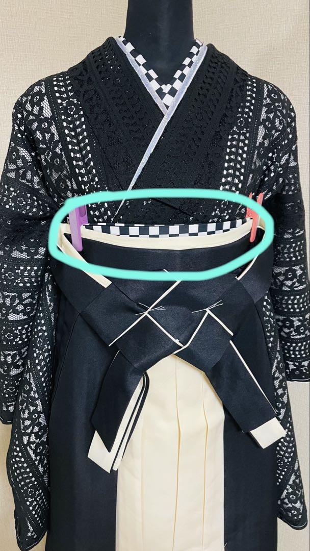半幅帯 チェック 格子 黒白 両面全通 洗える 新品 未使用