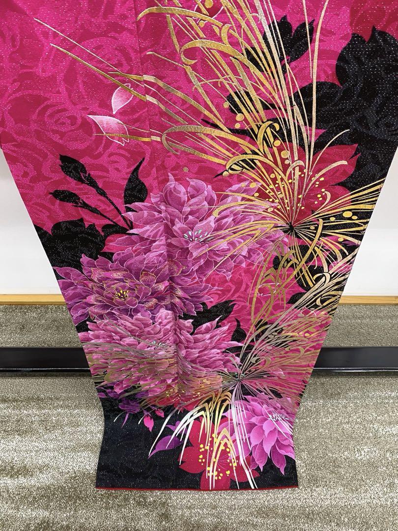 振袖 豪華 銀通し 刺繍 金彩 大輪 身丈169cm パールトーン加工済Ω