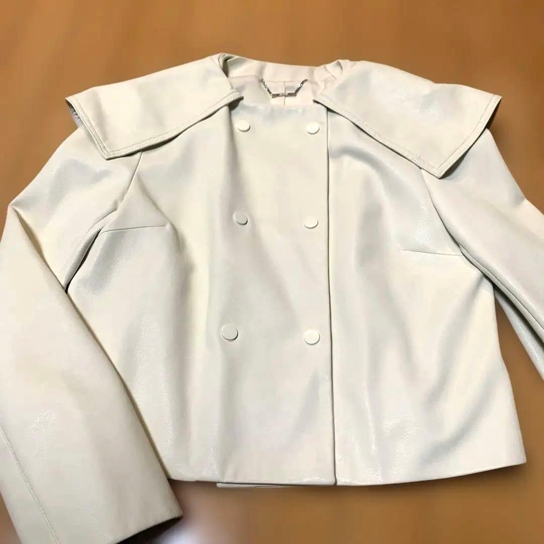 セルフォード クリーム色 ダブルブレスト フェイクレザージャケット 襟付きS CELFORD