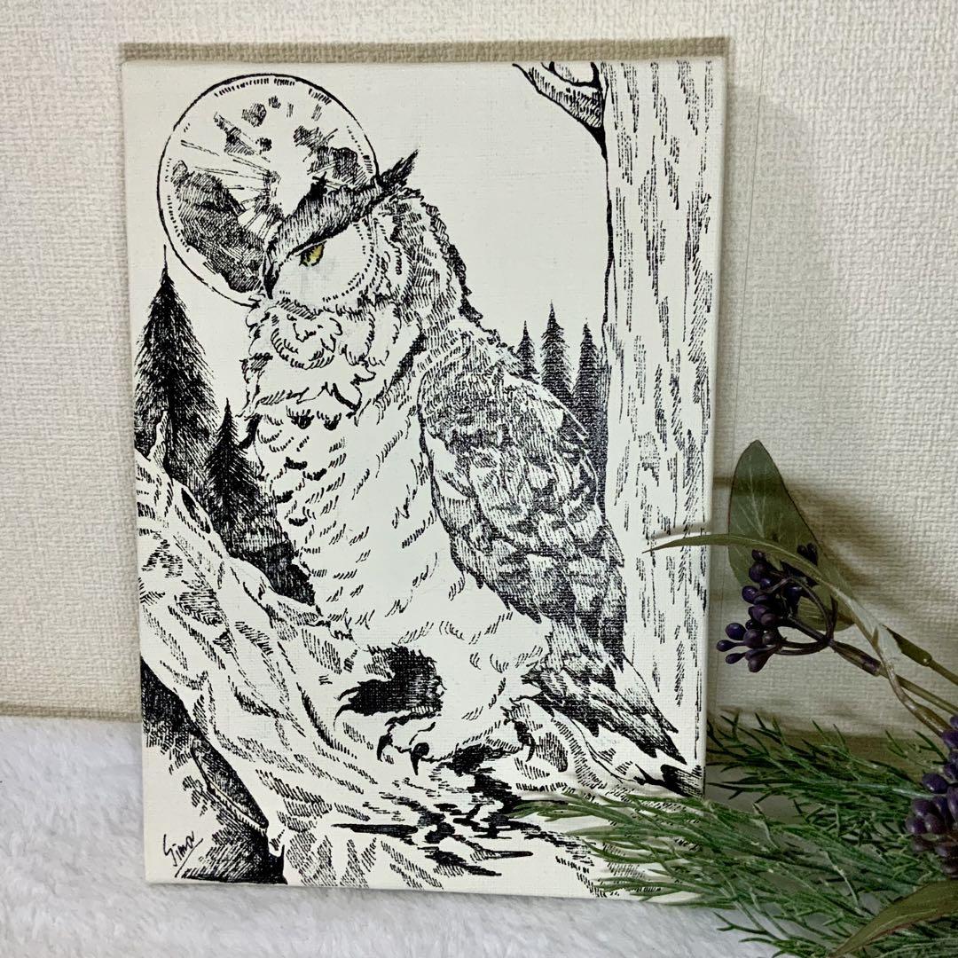 フクロウ ペン画 キャンバスアート　原画　インテリアアート　手描き　絵画