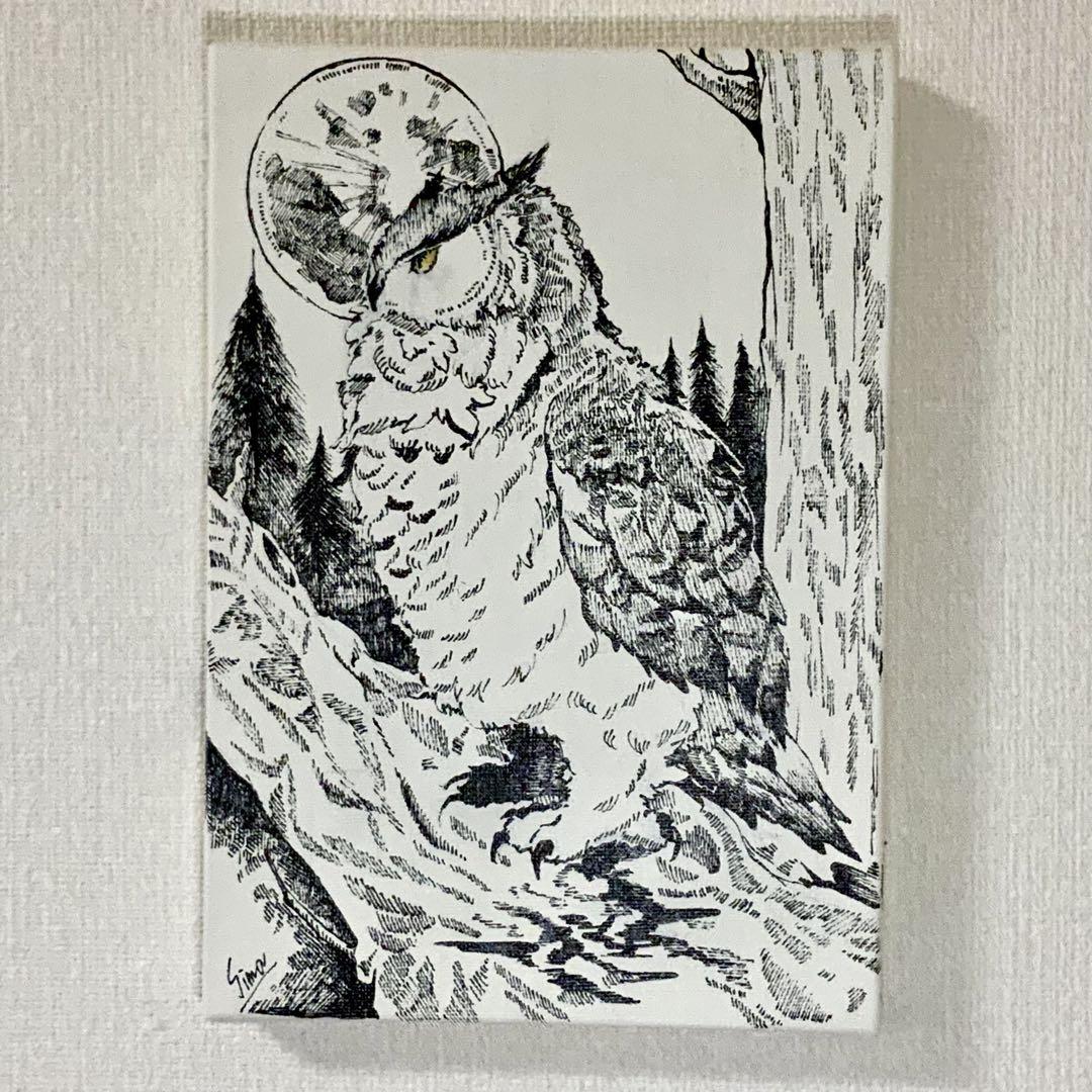 フクロウ ペン画 キャンバスアート　原画　インテリアアート　手描き　絵画