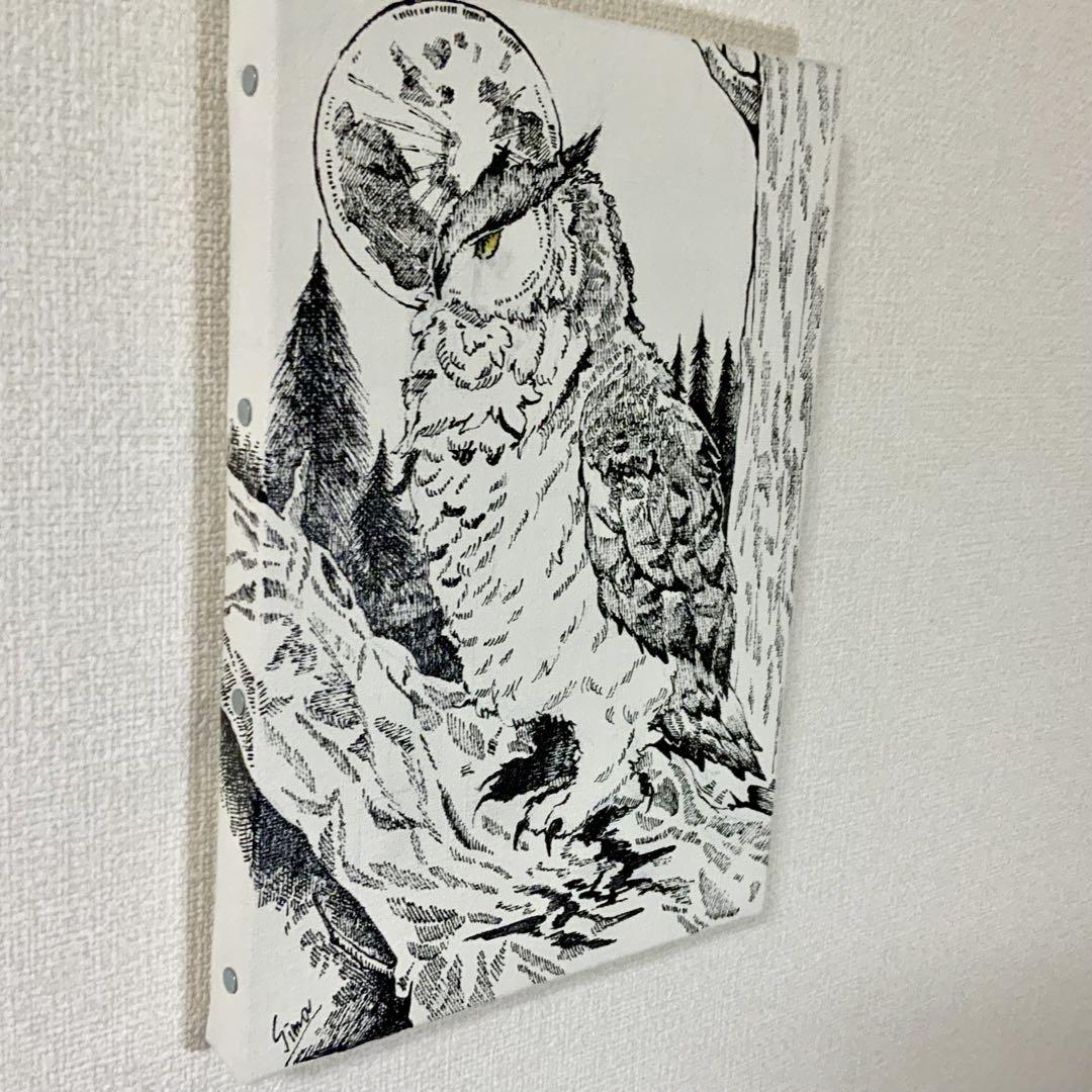 フクロウ ペン画 キャンバスアート　原画　インテリアアート　手描き　絵画
