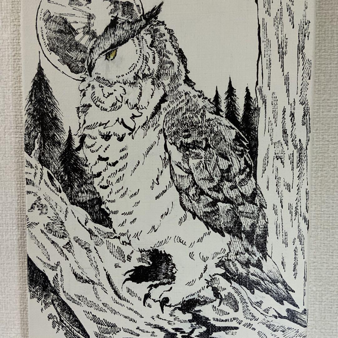 フクロウ ペン画 キャンバスアート　原画　インテリアアート　手描き　絵画