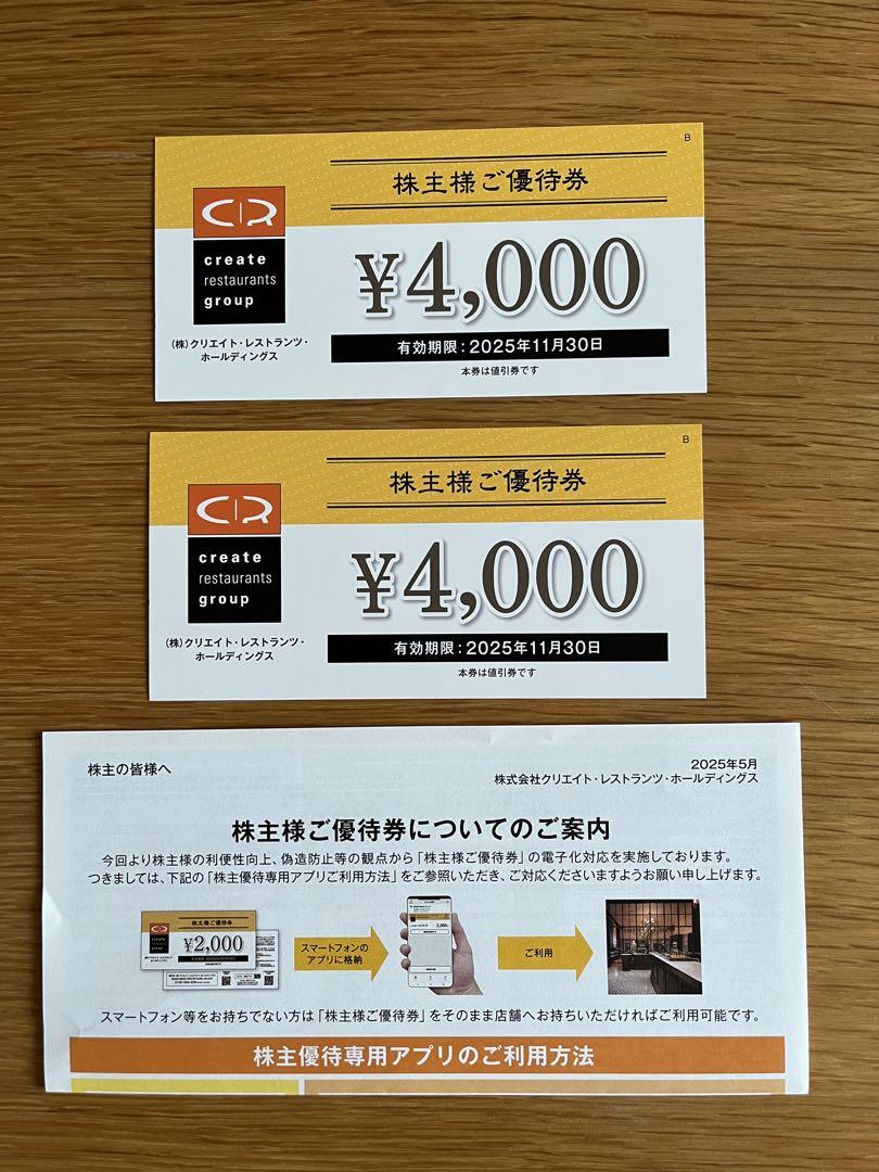 【最新】 クリエイトレストランツ　株主優待券　8000円分　食事券