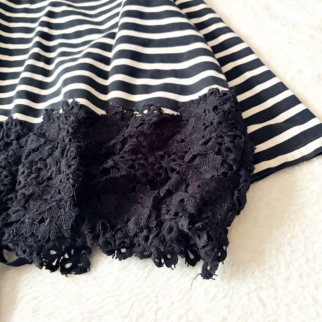 6088 【美品】 ビアズリー 裾レースカットソー ボーダー 調節リボン付き 6088 【美品】 ビアズリー 裾レースカットソー ボーダー 調節リボン付き