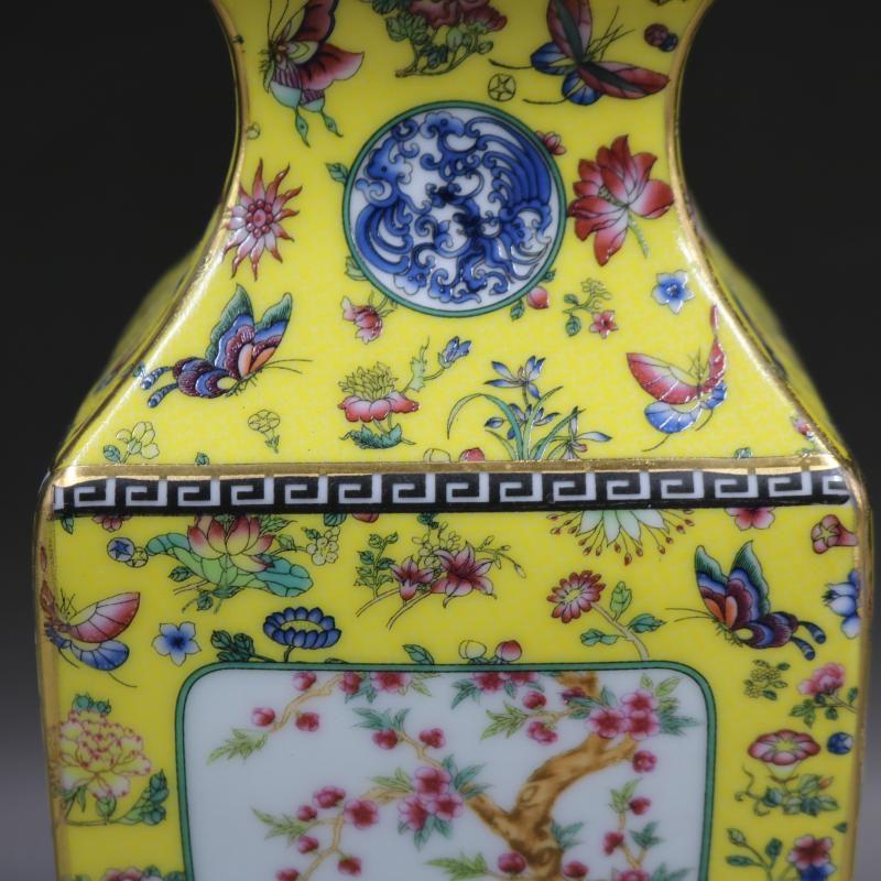 清乾隆琺瑯彩飄花黄地花鳥四方瓶 景徳鎮 陶磁器 装飾品 現代工芸 清乾隆琺瑯彩飄花黄地花鳥四方瓶 景徳鎮 陶磁器 装飾品 現代工芸