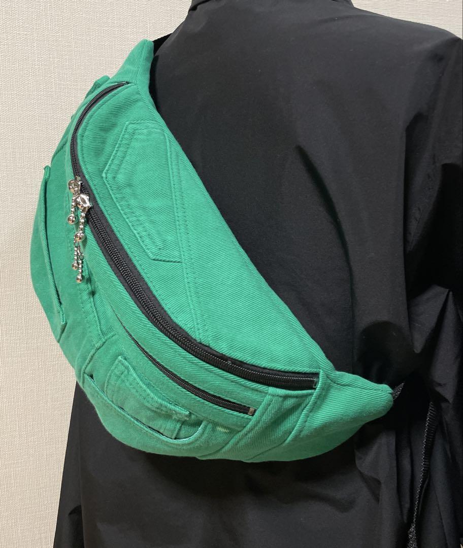 ハンドメイド　デニムリメイク　ウエストポーチ　ボディバッグ　グリーンパンツ