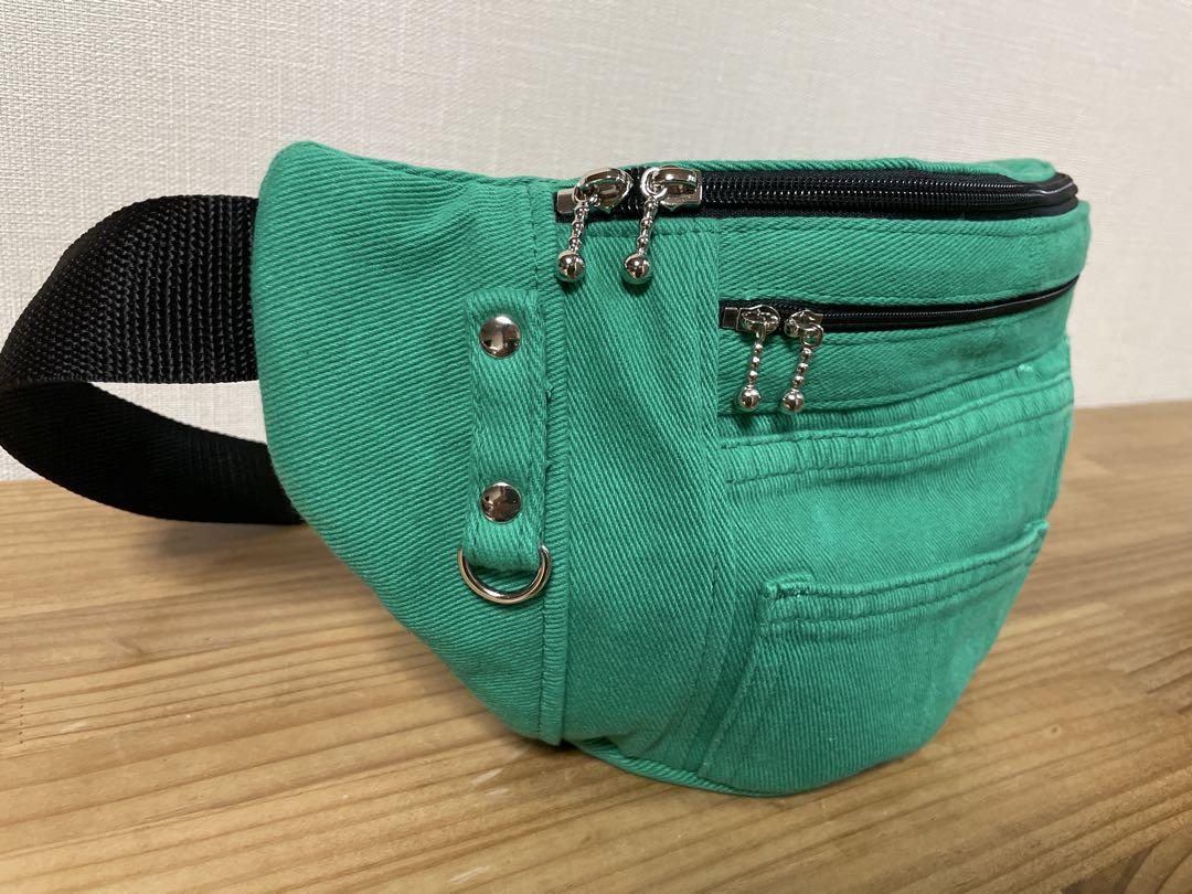 ハンドメイド　デニムリメイク　ウエストポーチ　ボディバッグ　グリーンパンツ