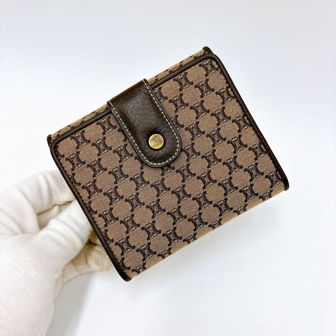 極美品 ＊ CELINE セリーヌ マカダム柄 Wホック 二つ折り財布 ブラウン