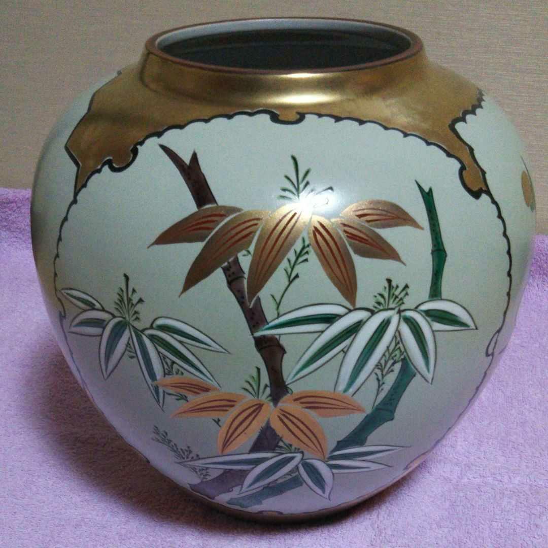 【未使用】九谷焼 花瓶 花器 松竹梅 長 玉竜 作陶暦付 木箱入り 花びん 壺