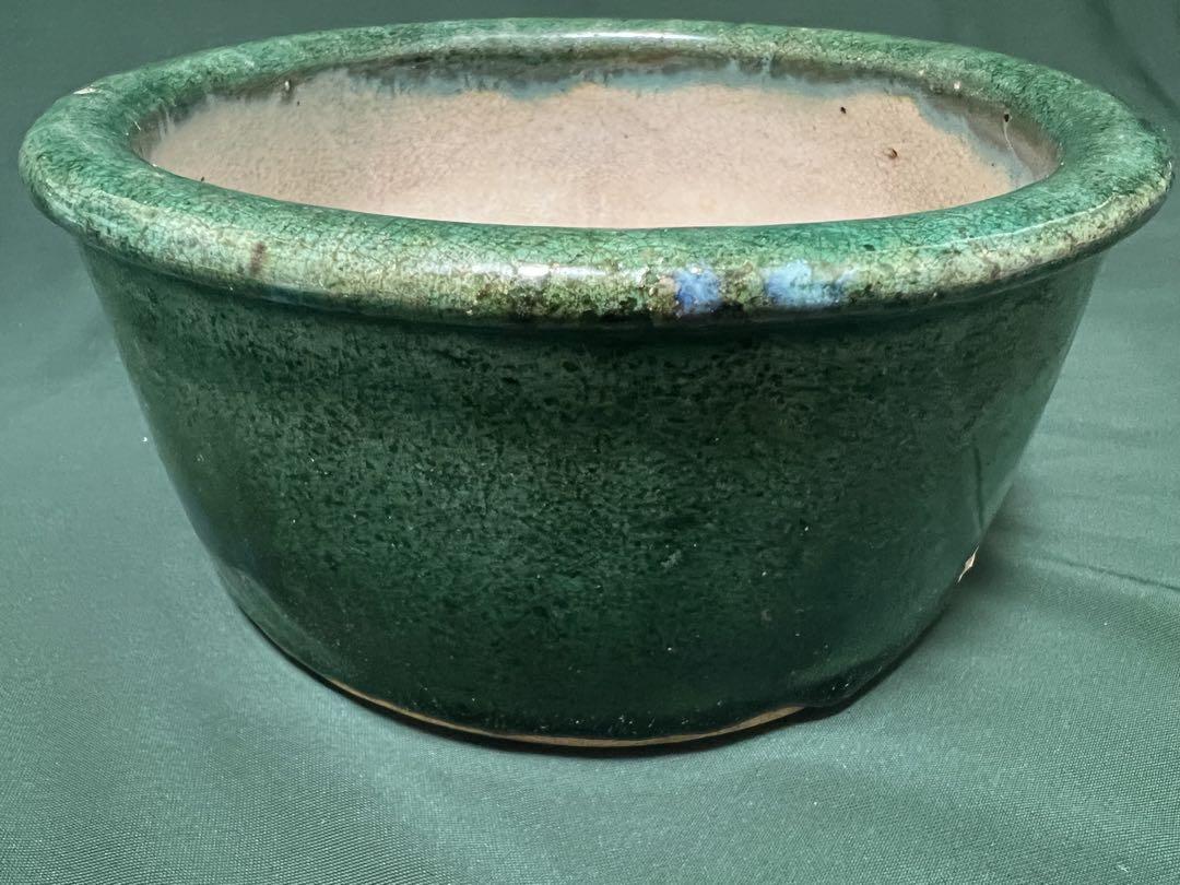 中国清朝緑釉 陶器古美術骨董品 時代物 高さ9cmx口径19.5cm整理