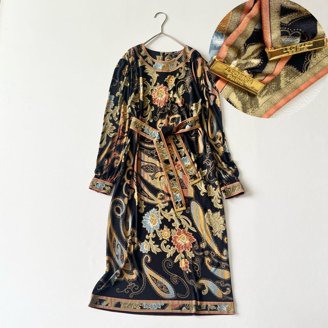 極美品 レオナール ワンピース ロング 花柄 長袖 ベルト シルク