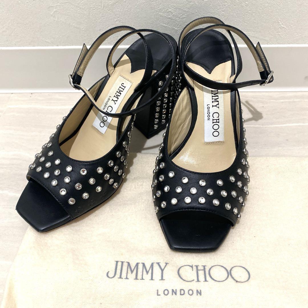 新品超希少Jimmy Choo ブラック サンダル 24cm 美品！JIMMY CHOO ジミーチュウ34 イタリア製 ブラック サンダル