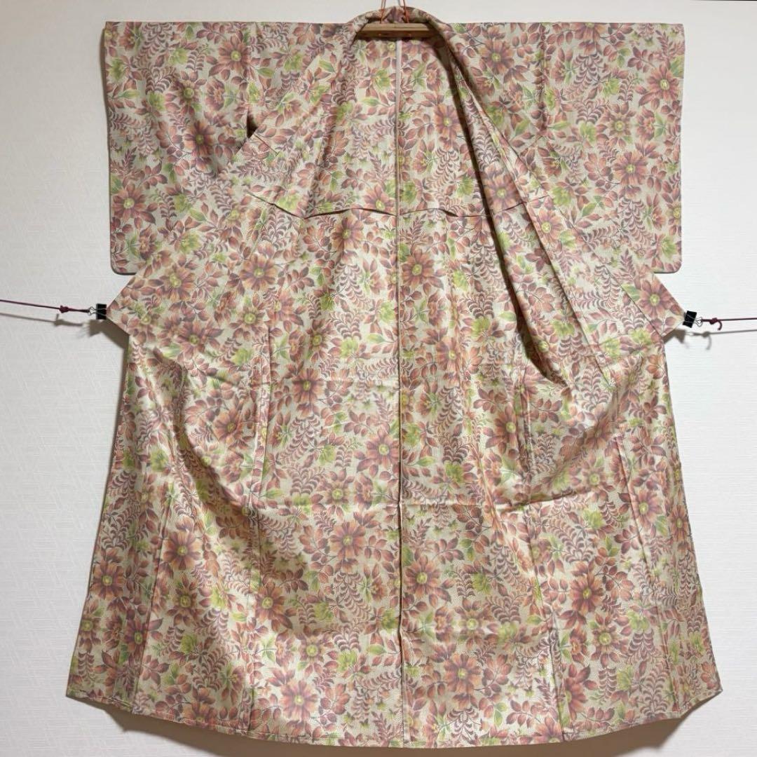 【紬】 袖長め 単衣 着物 バチ衿 草花模様 くすみカラー 身丈約157.5cm