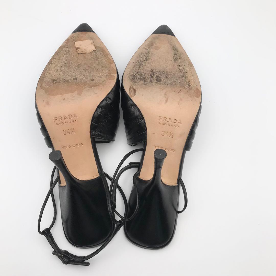 【美品】PRADAプラダ ポインテッド パンプス アンクルストラップ 34.5黒