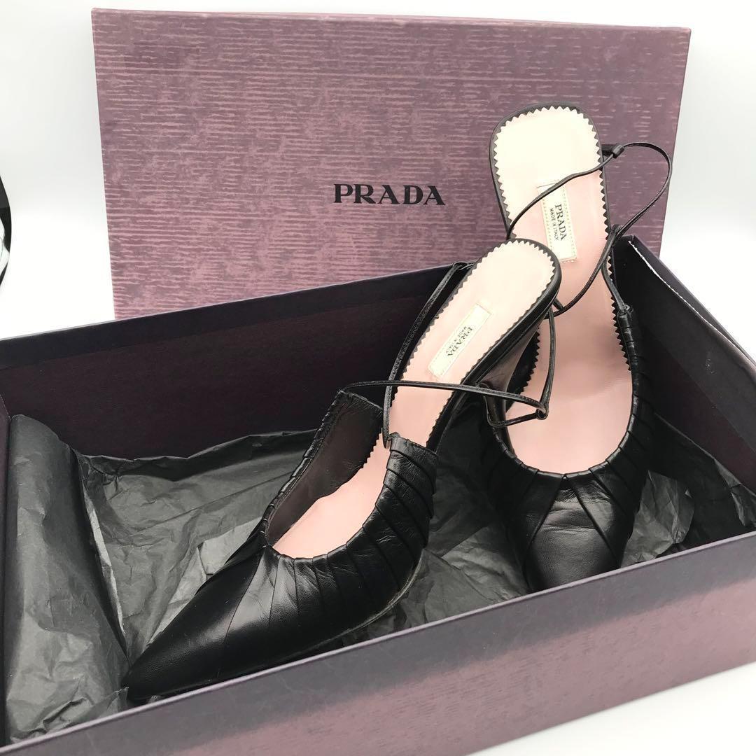【美品】PRADAプラダ ポインテッド パンプス アンクルストラップ 34.5黒