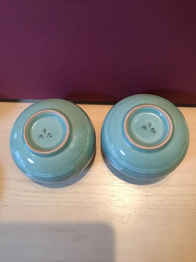 湯呑み　茶漉し蓋付き　高麗青磁　未使用　鶴絵付け　青磁湯呑み　　煎茶道具　茶道具