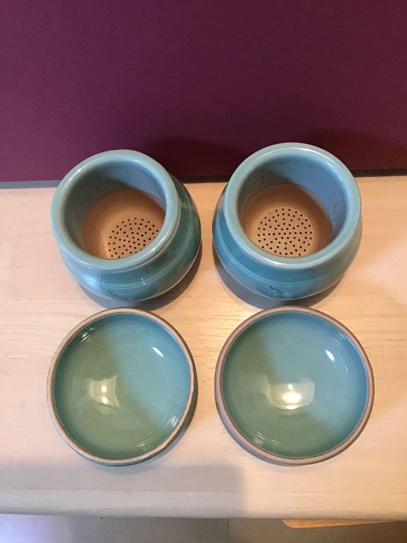 湯呑み　茶漉し蓋付き　高麗青磁　未使用　鶴絵付け　青磁湯呑み　　煎茶道具　茶道具