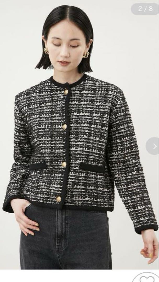 【今期　新品未使用】ミラオーウェン短丈ノーカラーツイードジャケット ベージュ系