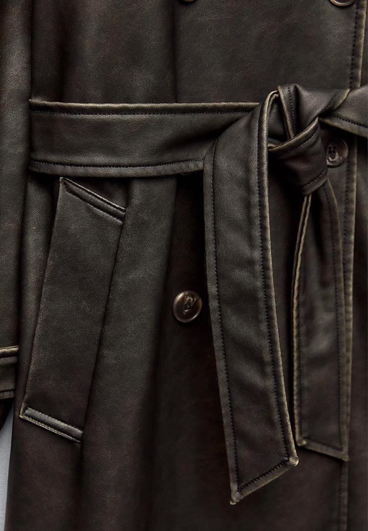 お歳暮 ザラ ZARA ダメージド トレンチコート フェイクレザー ジャケット・アウター