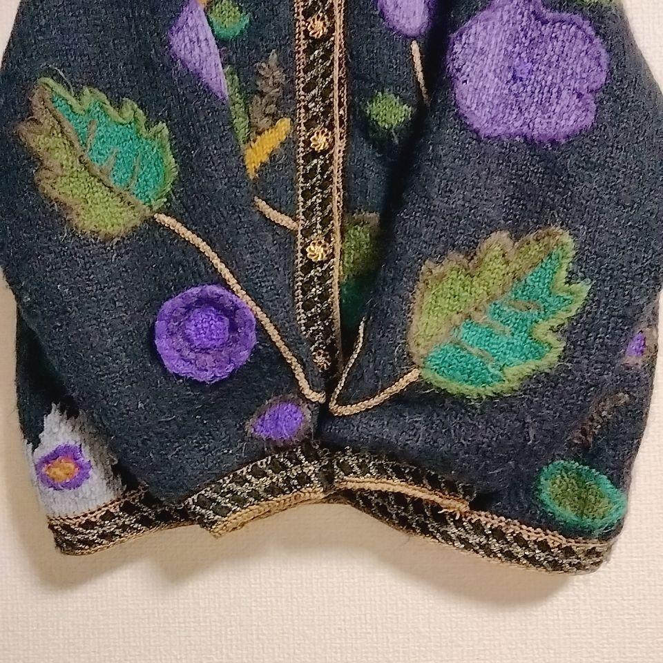 カーディガン 刺繍 立体刺繍 リブライン 飾りボタン シャギー 太