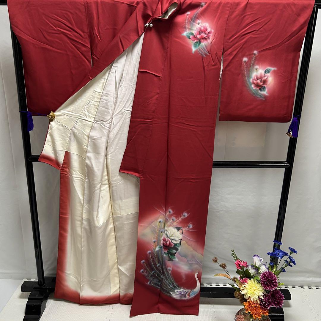 光沢付下げ 金彩 孔雀花柄 暈し染め 正絹 広衿 袷 紋無し YK-689 光沢付下げ 金彩 孔雀花柄 暈し染め 正絹 広衿 袷 紋無し YK-689