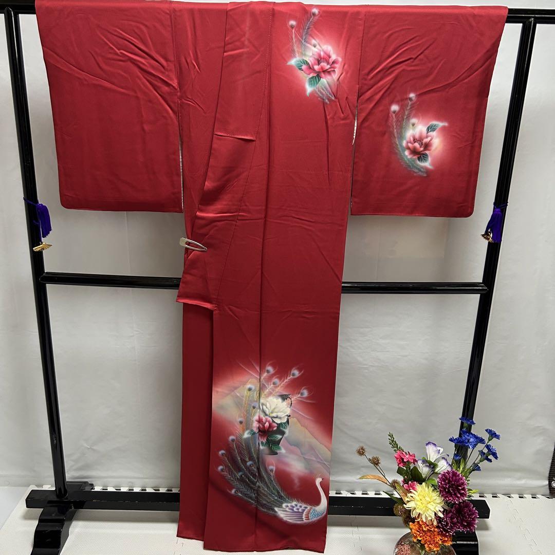 光沢付下げ 金彩 孔雀花柄 暈し染め 正絹 広衿 袷 紋無し YK-689 光沢付下げ 金彩 孔雀花柄 暈し染め 正絹 広衿 袷 紋無し YK-689