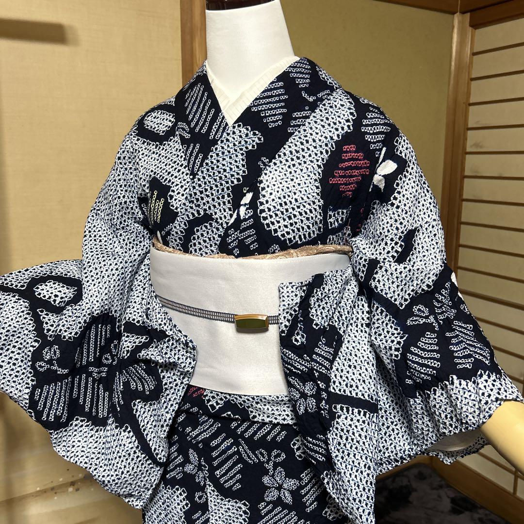 有松鳴海絞りフルセット　美品高級浴衣+帯+帯飾り+帯揚げ　裄68 高級有松鳴海絞り】美品浴衣フルセット5点 半幅帯＋帯締め＋