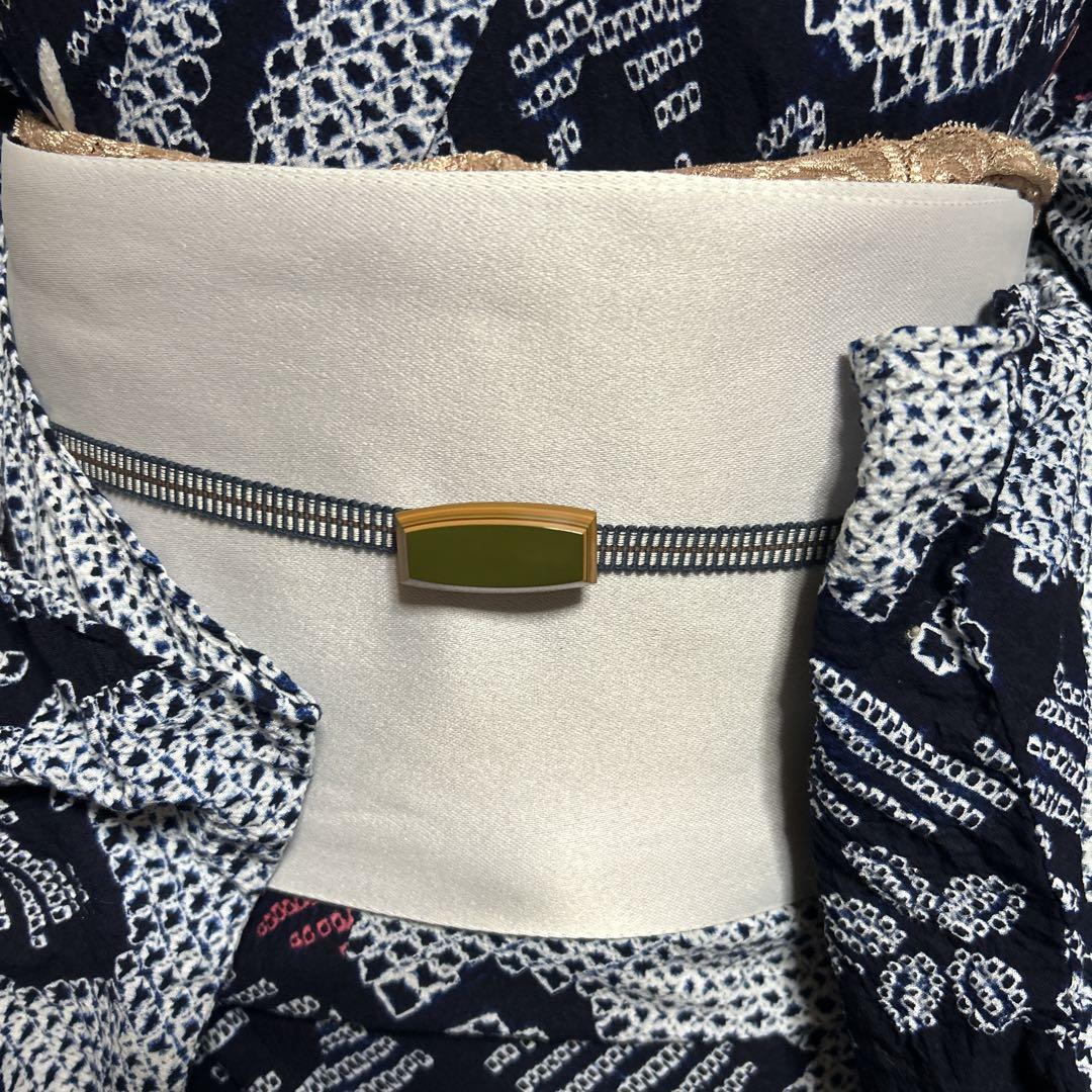 有松鳴海絞りフルセット　美品高級浴衣+帯+帯飾り+帯揚げ　裄68 高級有松鳴海絞り】美品浴衣フルセット5点 半幅帯＋帯締め＋
