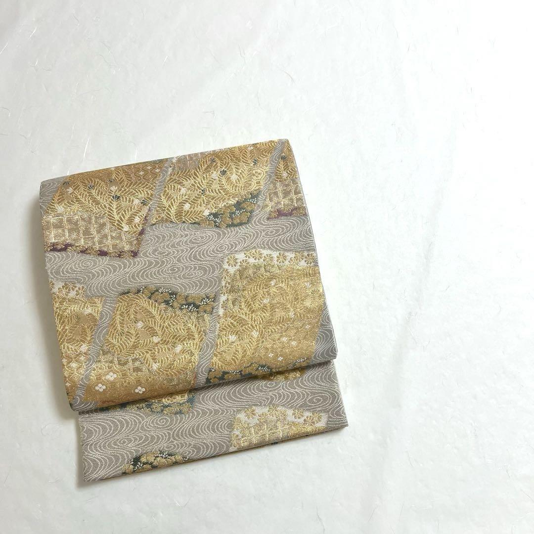 袋帯 流水模様に何の花草模様 金銀糸 小町鼠色 PO-3263