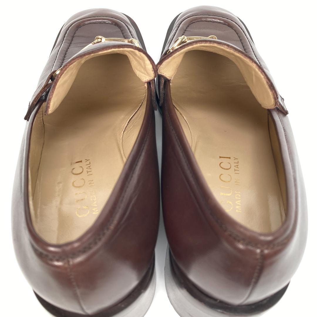 GUCCI　グッチ　スクエアトゥチャンキーヒールホースビットレザーローファー　茶