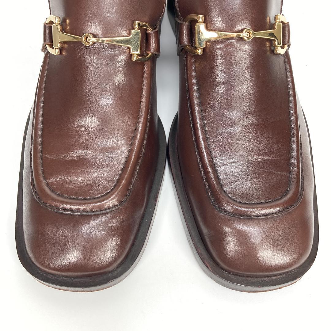 GUCCI　グッチ　スクエアトゥチャンキーヒールホースビットレザーローファー　茶