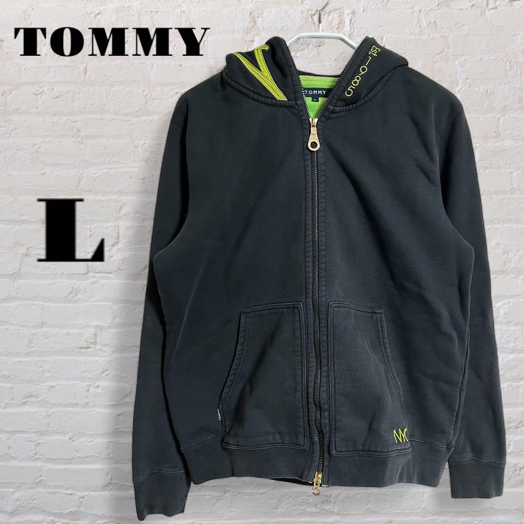 古着 TOMMY ブラック フルジップ パーカー L ネオンカラー 刺繍ロゴ