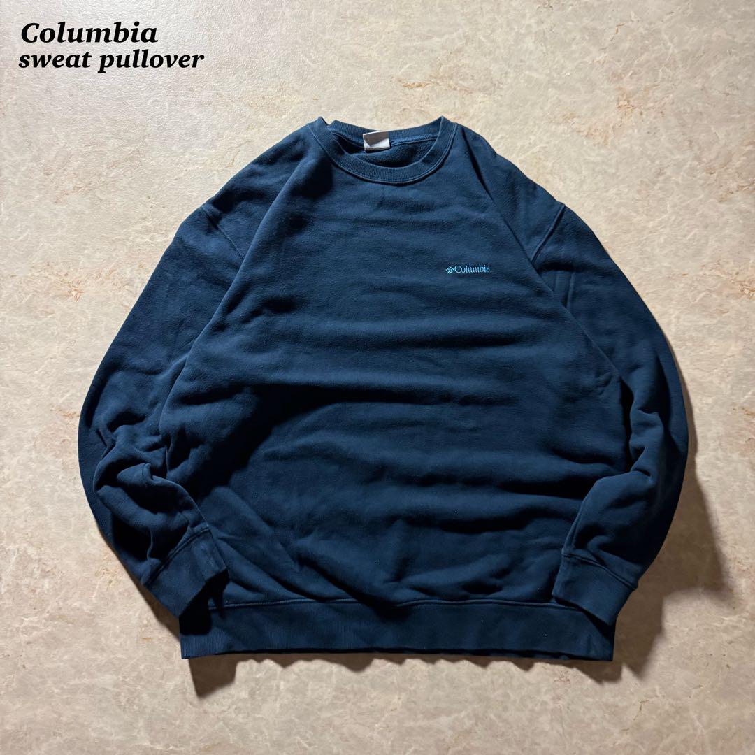 Columbia刺繍ロゴスウェット古着フェードネイビーノームコアunisex美品