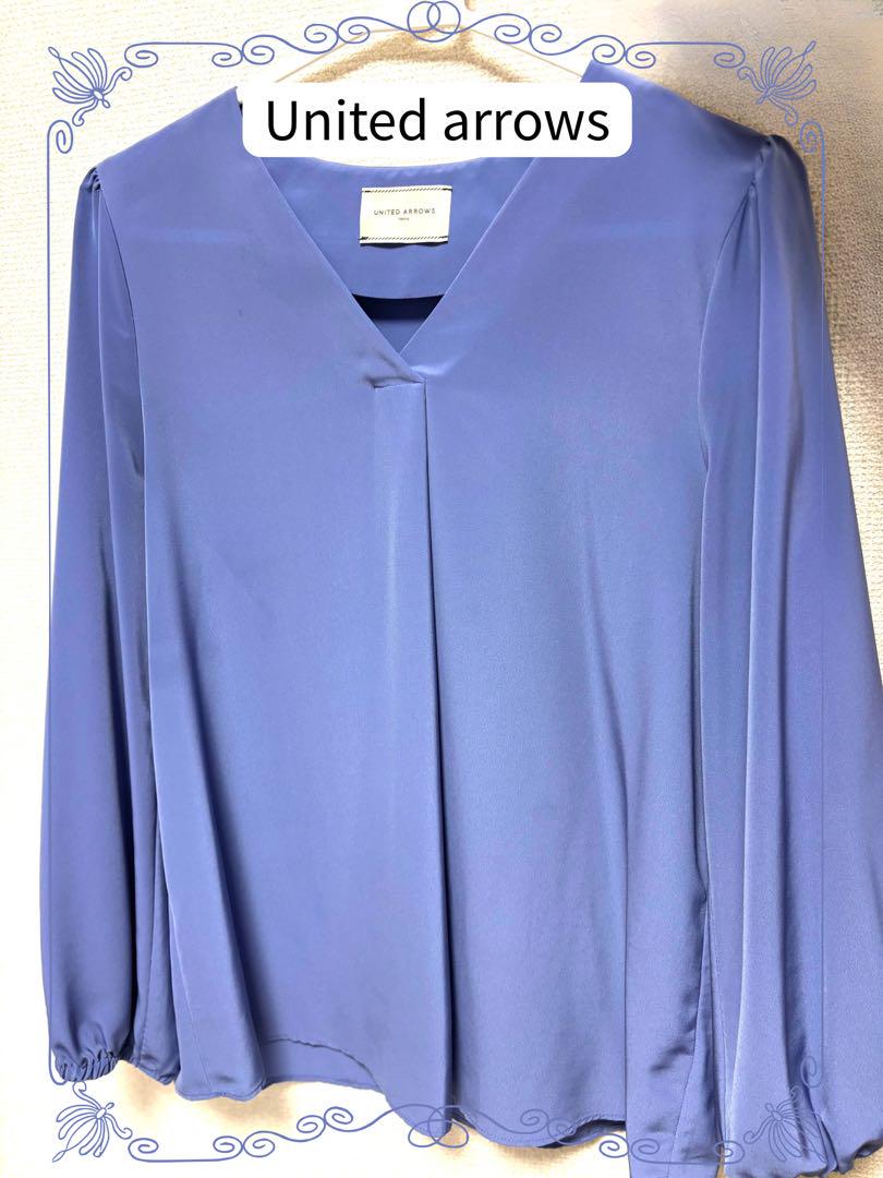 United Arrows ブルー Vネック 長袖ブラウス