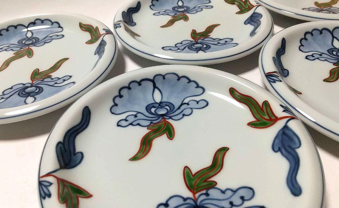 【箱なし 新品】有田焼源右衛門窯　染錦 唐花牡丹 銘々皿　5枚 箱なし 新品】有田焼源右衛門窯 染錦 唐花牡丹 銘々皿 5枚