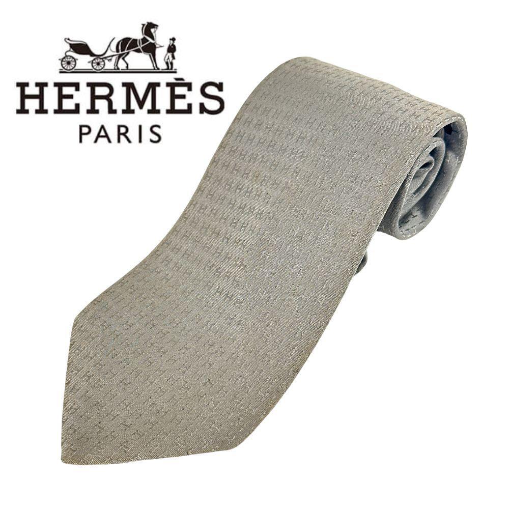 HERMES ファソネ ベージュ グレー シルク H柄 ロゴ ネクタイ