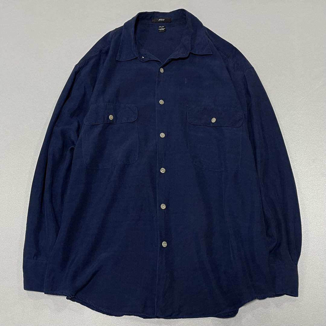 90s Vintage シルク100% L/S シャツ 光沢 ドレープ ネイビー
